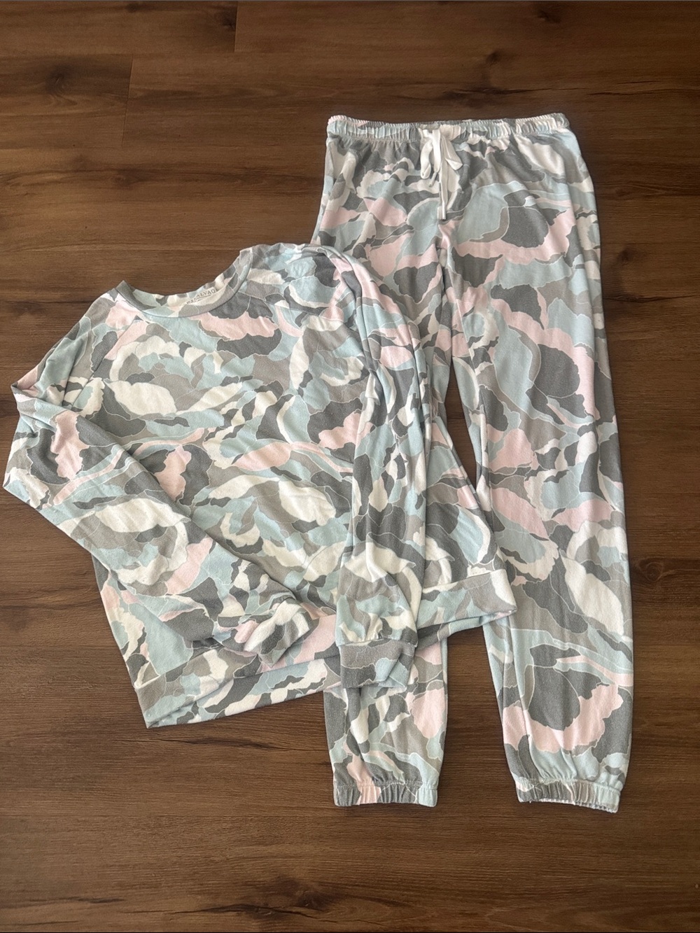 PJ Salvage Women's Camouflage Print Pajama Set in Pastel Pink, Gray & Light Blue